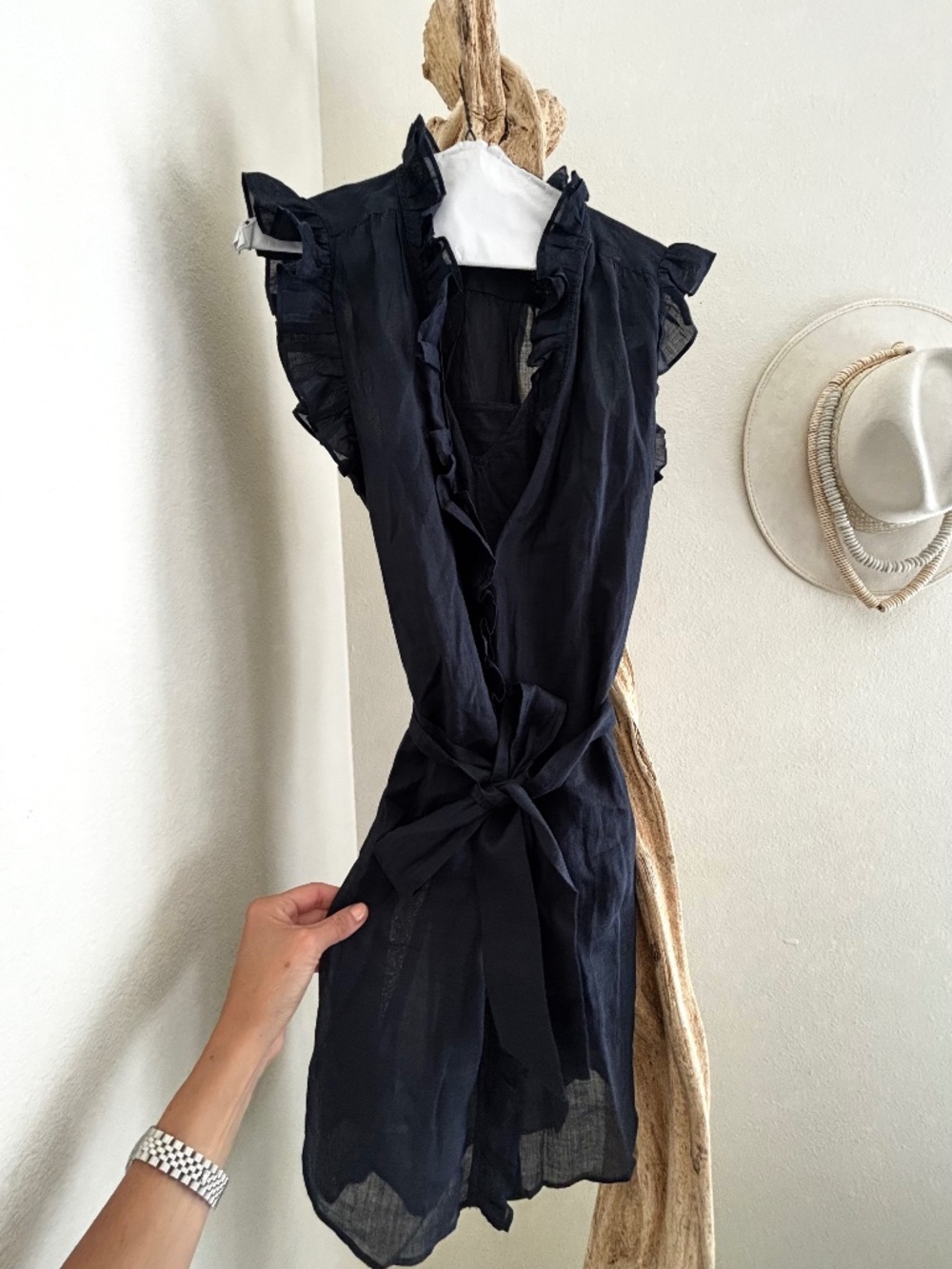 FRAME Navy Ramie Ruffle Belted Dress Size Small